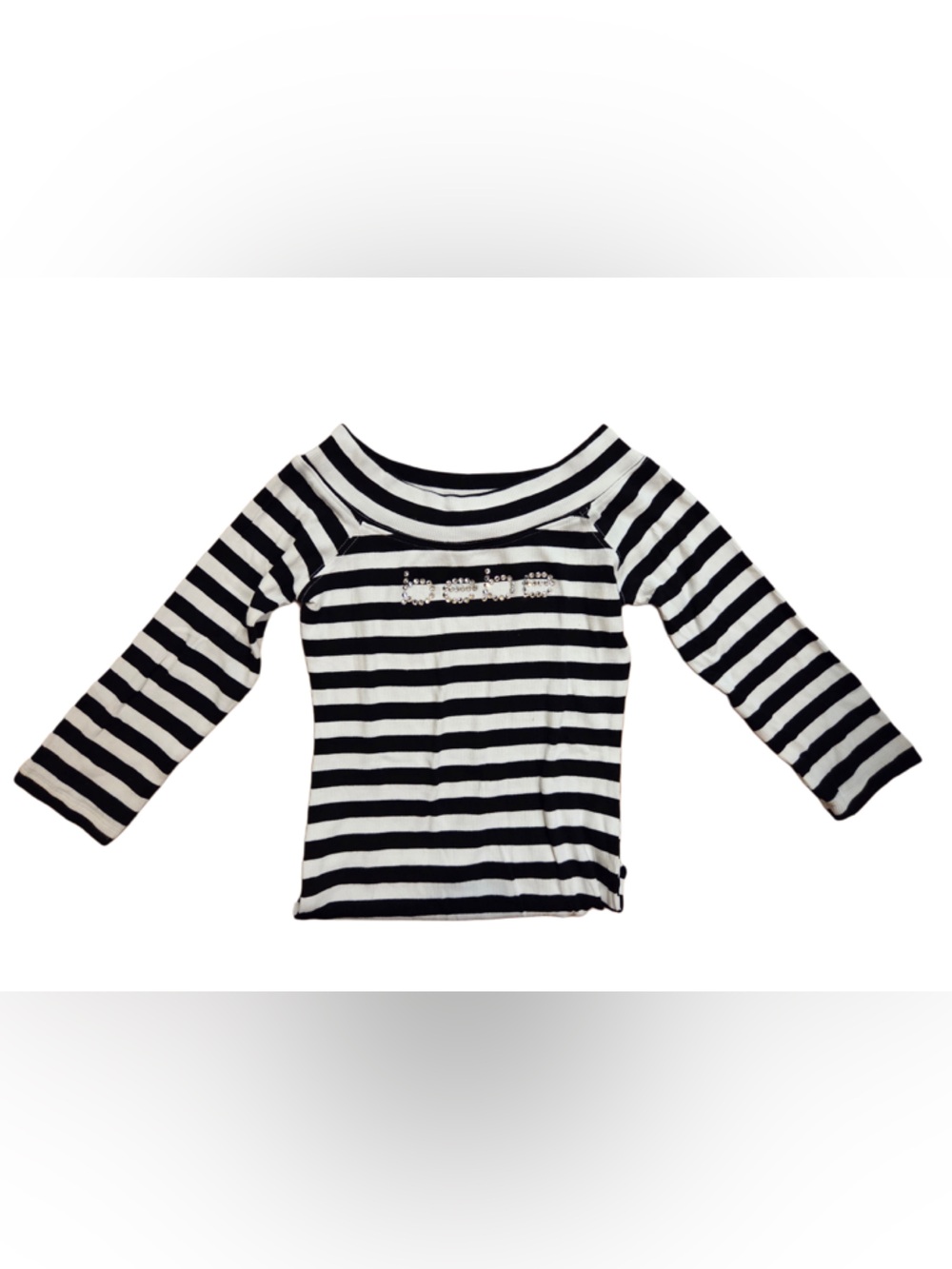 bebe Black White Stripe Long Sleeve off shoulder boat neck collar diamanté logo